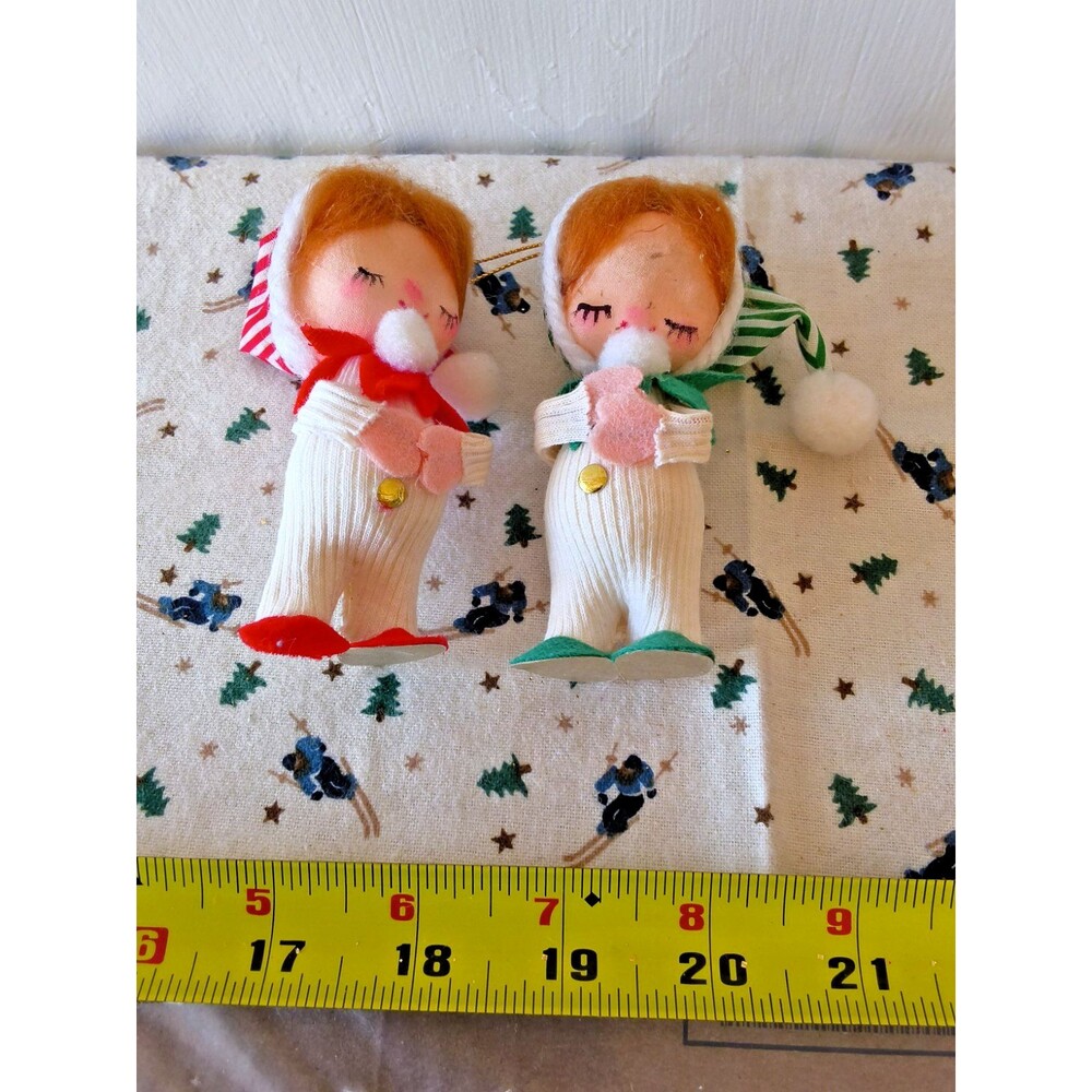 Set of 2 Vintage Japan Label MCM 1950s 1960s Child Striped Pajama Ornaments